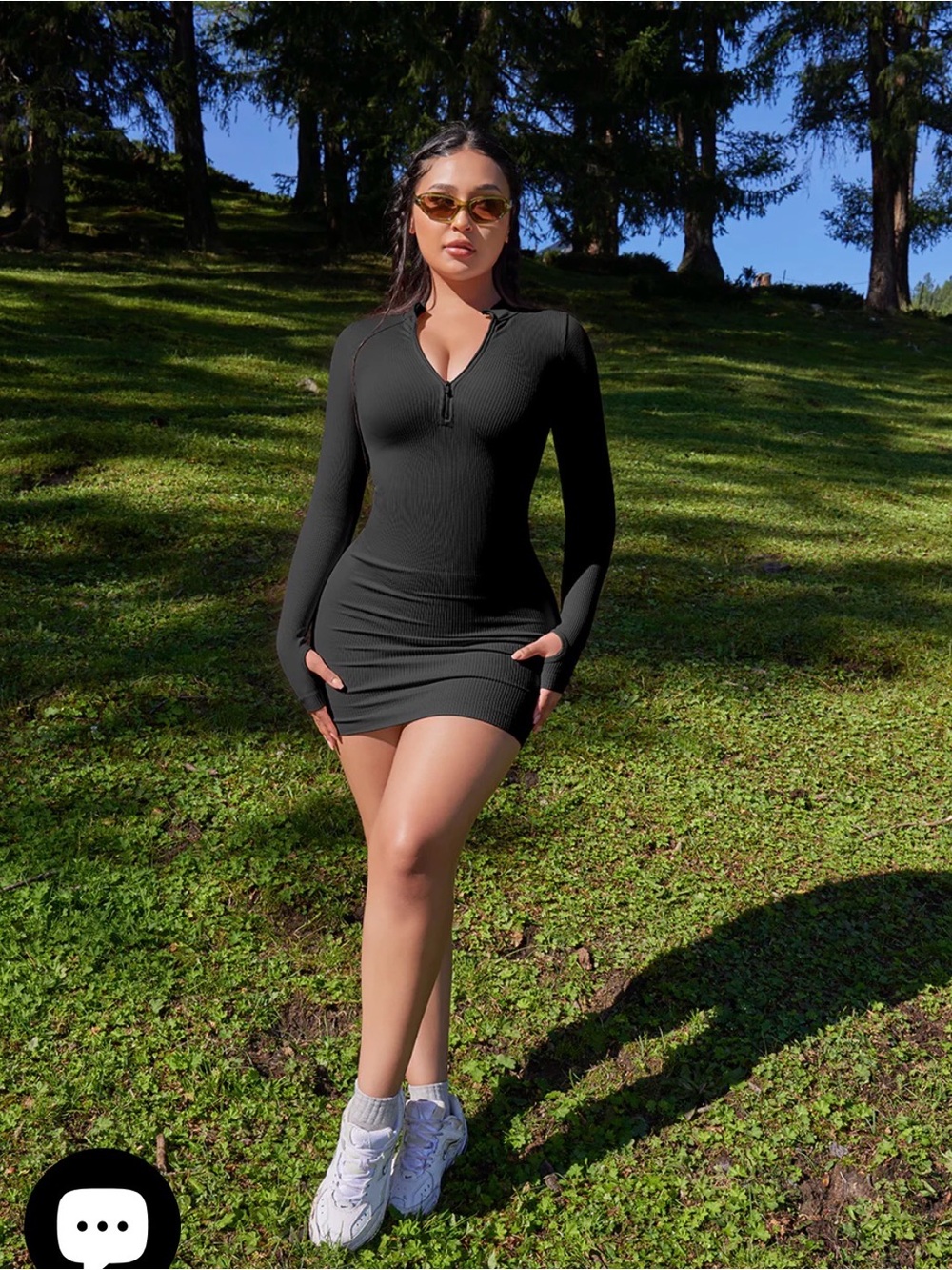 OQQ Long Sleeve Black Zip Front Bodycon Mini Dress